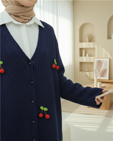 Kirazlı Top Düğmeli Triko Hırka -Laci