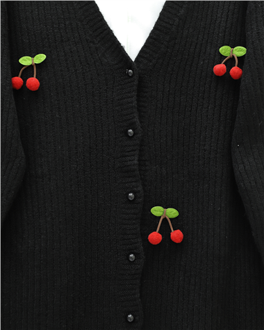 Kirazlı Top Düğmeli Triko Hırka -Siyah