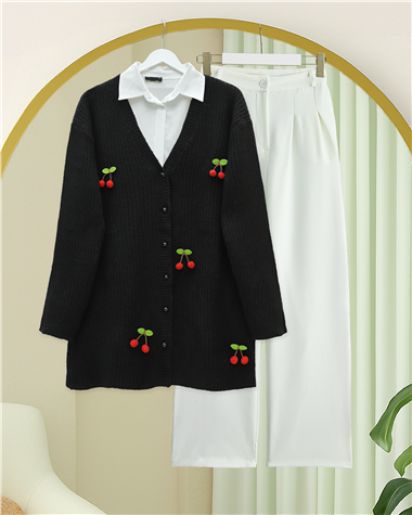 Kirazlı Top Düğmeli Triko Hırka -Siyah