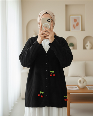 Kirazlı Top Düğmeli Triko Hırka -Siyah