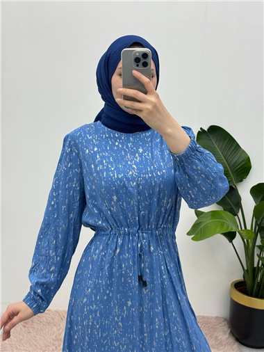 Kırçıllı Belden Büzgülü Elbise -Mavi