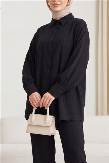 Klasik Yaka Boydan Düğmeli Oval Kesim Gömlek -Siyah