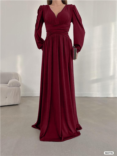 Kloş Etekli Gipeli Boydan Elbise -Bordo