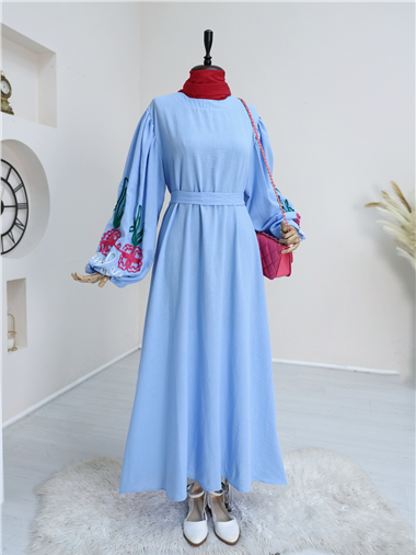 Kolları Balon Süzene İşlemeli Kemerli Elbise  -Mavi