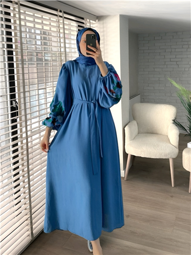 Kolları Balon Süzene İşlemeli Kemerli Elbise  -Koyu Mavi