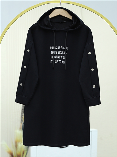 Kolları Çıtçıtlı Kapşonlu Sweat -Siyah