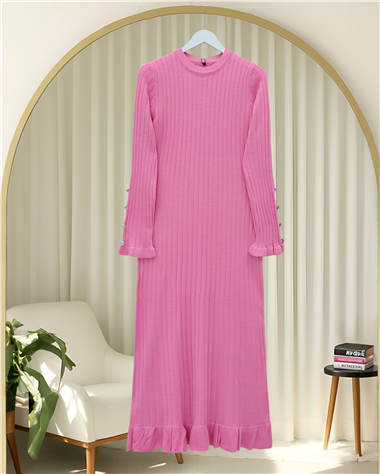 Kolları Düğmeli Eteği Fırfırlı Triko Elbise -Pembe