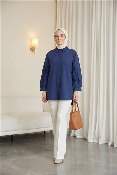 Kolları Fırfırlı Düğmeli Poplin Gömlek -Laci