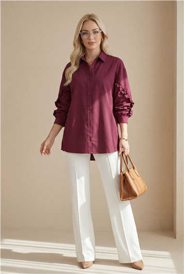 Kolları Fırfırlı Düğmeli Poplin Gömlek -Bordo