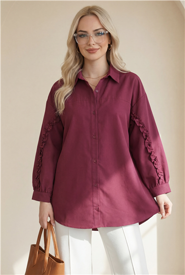 Kolları Fırfırlı Düğmeli Poplin Gömlek -Bordo