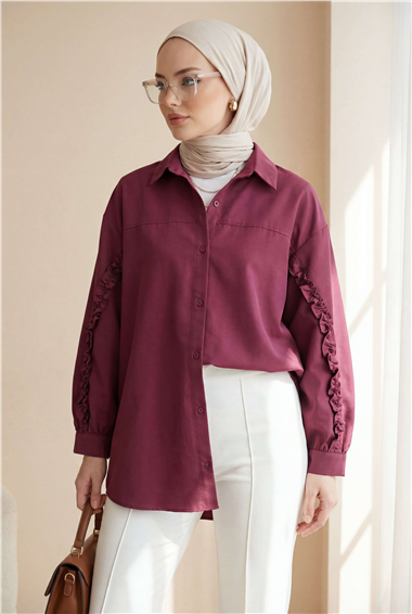 Kolları Fırfırlı Düğmeli Poplin Gömlek -Bordo