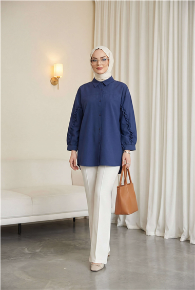 Kolları Fırfırlı Düğmeli Poplin Gömlek -Laci