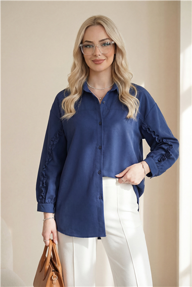 Kolları Fırfırlı Düğmeli Poplin Gömlek -Laci