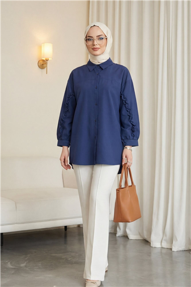 Kolları Fırfırlı Düğmeli Poplin Gömlek -Laci
