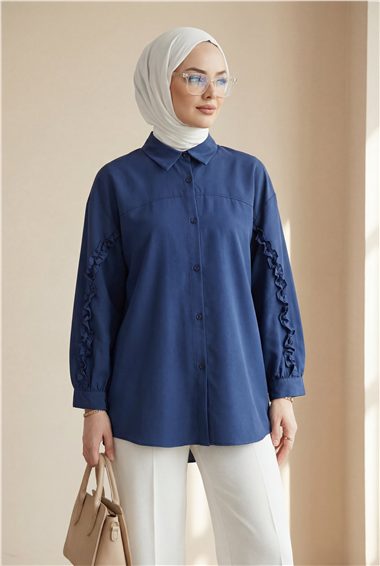 Kolları Fırfırlı Düğmeli Poplin Gömlek -Laci