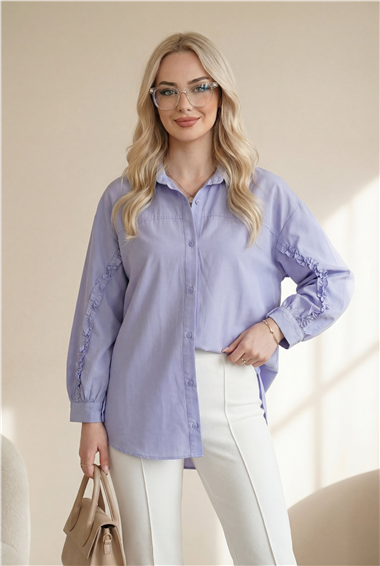 Kolları Fırfırlı Düğmeli Poplin Gömlek -Bebe Mavi
