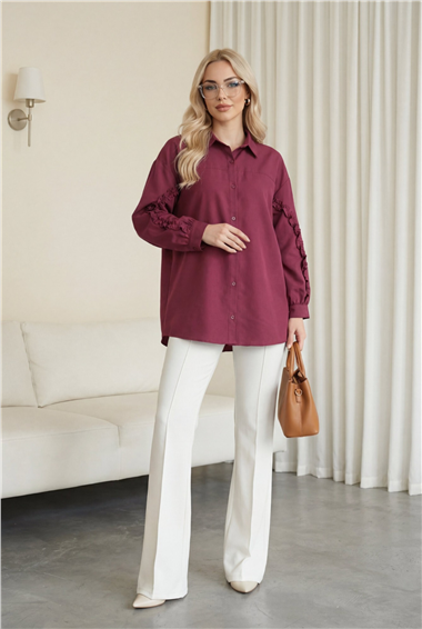 Kolları Fırfırlı Düğmeli Poplin Gömlek -Bordo