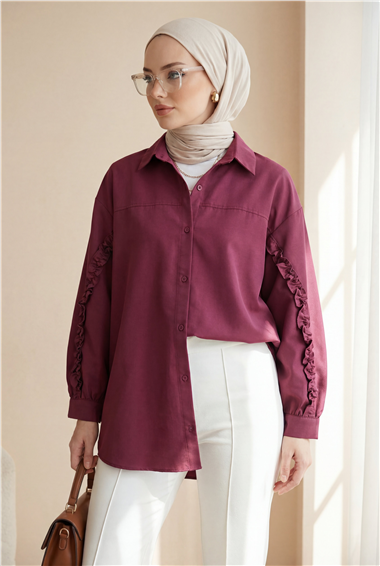 Kolları Fırfırlı Düğmeli Poplin Gömlek -Bordo