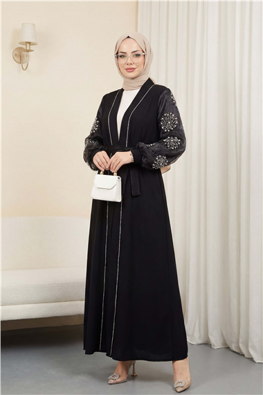 Kolları İnci Taş Detaylı Tesettür Abaya -Siyah