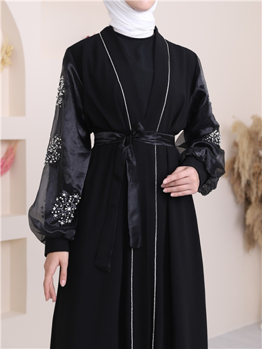 Kolları İnci Taş Detaylı Tesettür Abaya -Siyah