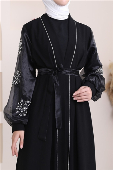Kolları İnci Taş Detaylı Tesettür Abaya -Siyah