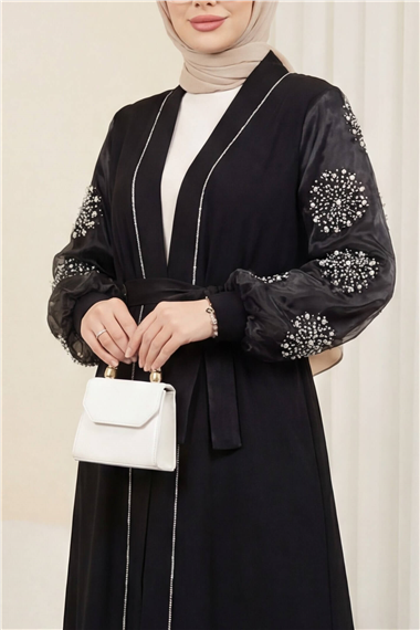 Kolları İnci Taş Detaylı Tesettür Abaya -Siyah