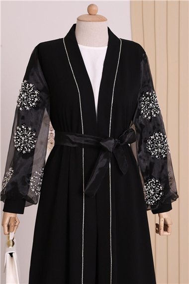 Kolları İnci Taş Detaylı Tesettür Abaya -Siyah