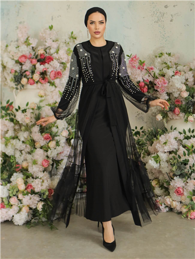 Kolları İncili Taşlı İkili Abaya Takım -Siyah