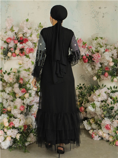 Kolları İncili Taşlı İkili Abaya Takım -Siyah