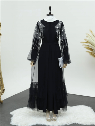 Kolları İncili Taşlı İkili Abaya Takım -Siyah