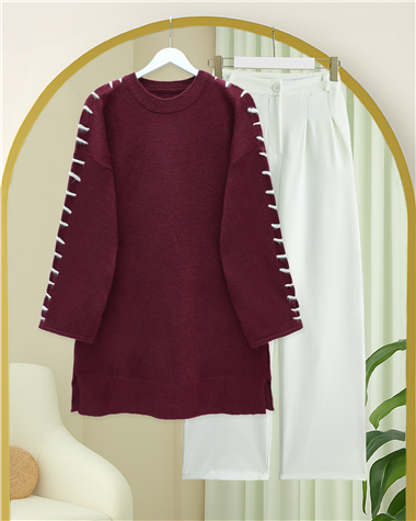 Kolları İpli Çizgili Yumoş Triko Tunik -Bordo
