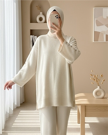 Kolları İpli Çizgili Yumoş Triko Tunik -Krem