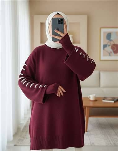 Kolları İpli Çizgili Yumoş Triko Tunik -Bordo
