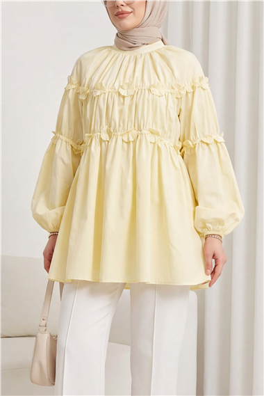 Kolları Lastikli Papatya Detaylı Poplin Tunik -Sarı