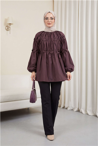 Kolları Lastikli Papatya Detaylı Poplin Tunik -Mürdüm
