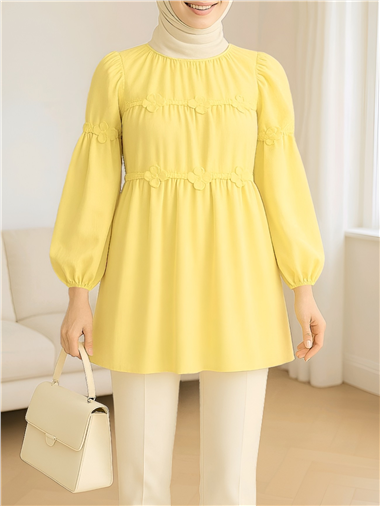 Kolları Lastikli Papatya Detaylı Poplin Tunik -Sarı