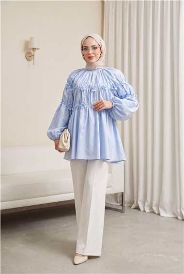 Kolları Lastikli Papatya Detaylı Poplin Tunik -Açık Mavi
