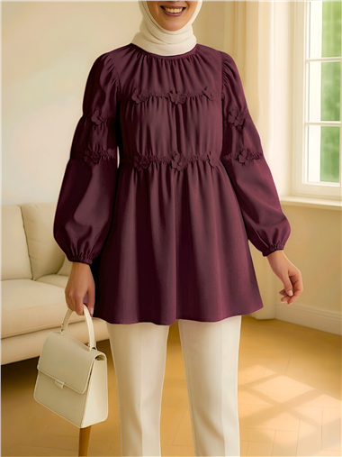 Kolları Lastikli Papatya Detaylı Poplin Tunik -Mürdüm