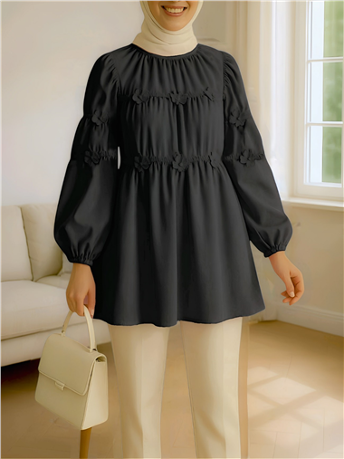 Kolları Lastikli Papatya Detaylı Poplin Tunik -Siyah