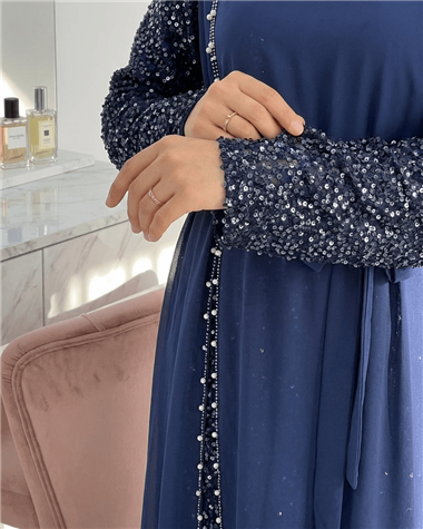 Kolları Pul Payet Kemerli Şifon Abiye  -Laci