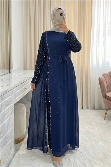 Kolları Pul Payet Kemerli Şifon Abiye  -Laci