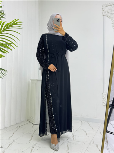 Kolları Pul Payet Kemerli Şifon Abiye  -Siyah