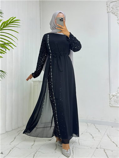 Kolları Pul Payet Kemerli Şifon Abiye  -Siyah