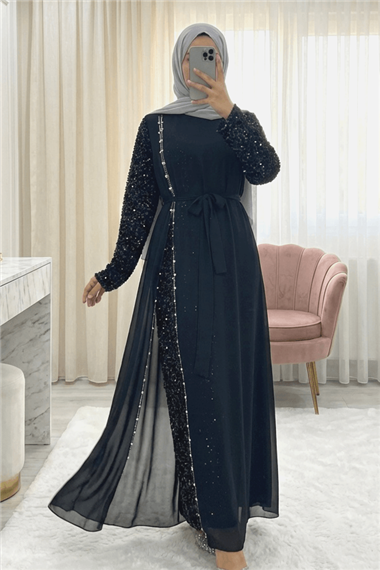 Kolları Pul Payet Kemerli Şifon Abiye  -Siyah
