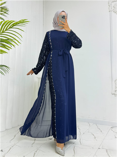 Kolları Pul Payet Kemerli Şifon Abiye  -Laci