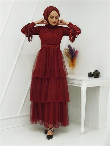 Kolları Pul Payet Tül Abiye  -Bordo