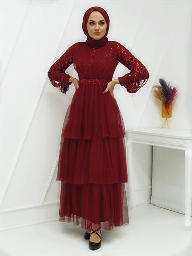 Kolları Pul Payet Tül Abiye  -Bordo