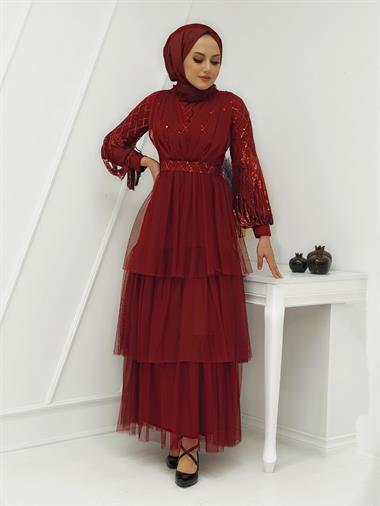 Kolları Pul Payet Tül Abiye  -Bordo