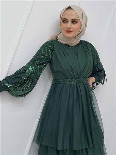 Kolları Pul Payet Tül Abiye  -Zümrüt
