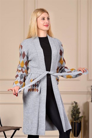 Kolları Simli Baklava Desenli Triko Ceket -Açık Gri